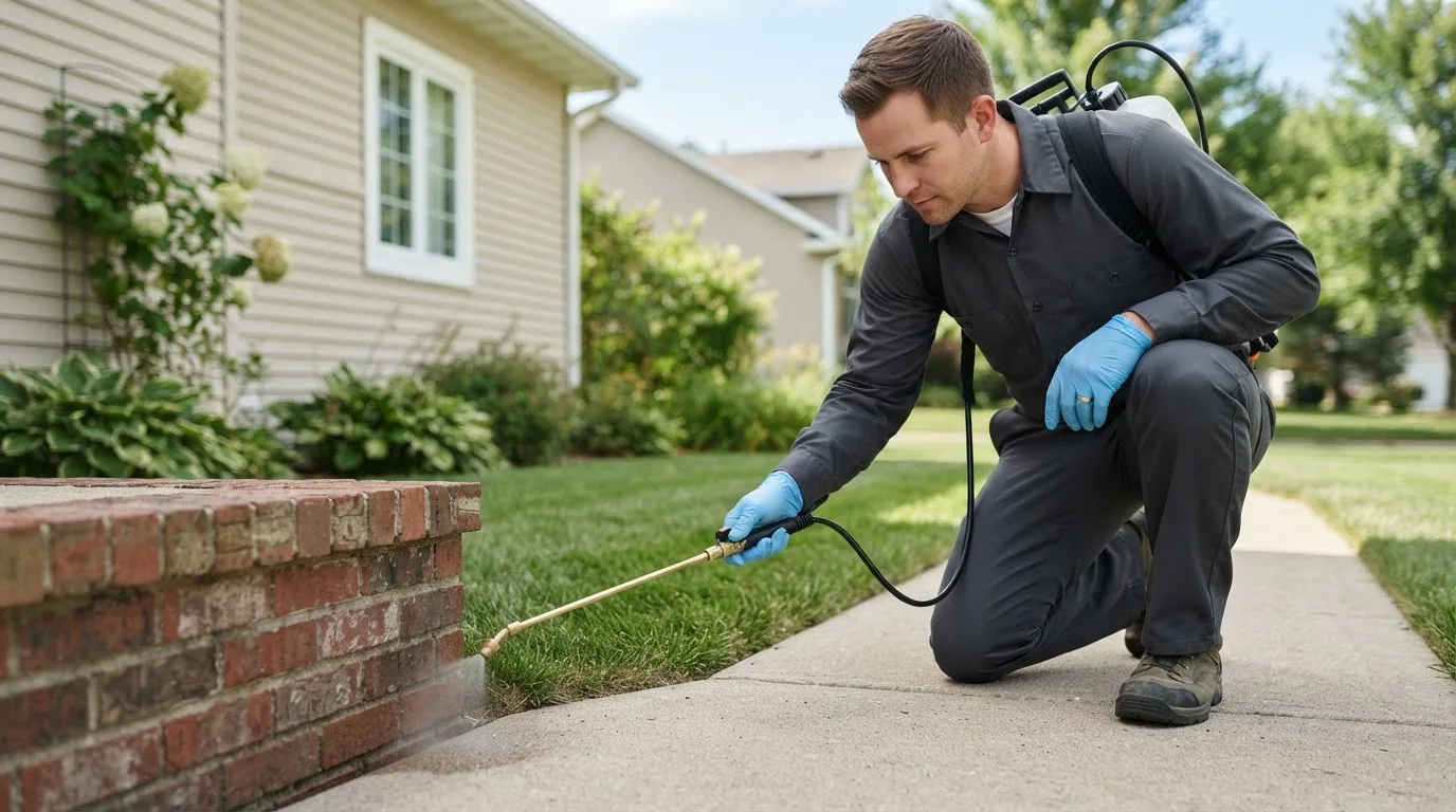Pest control technician treating a home near Glendo, WY